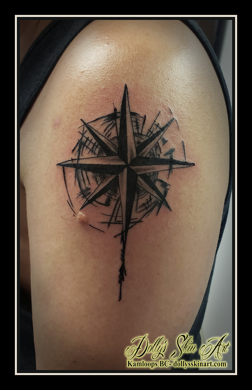 compass tattoo black and grey shoulder shading tattoo dolly's skin art kamloops