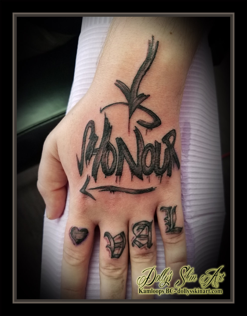 honour tattoo hand lettering font script black shading heart Val memorial tattoo kamloops dolly's skin art