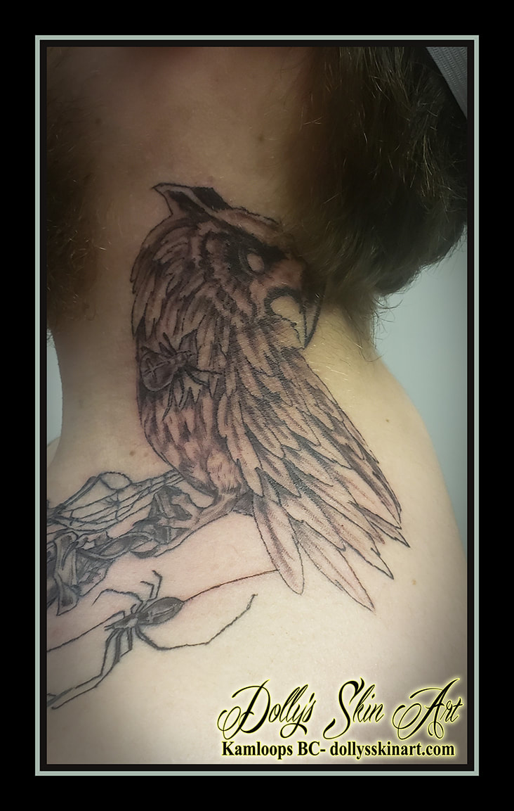 owl tattoo neck spider black and grey shading linework tattoo dolly's skin art kamloops