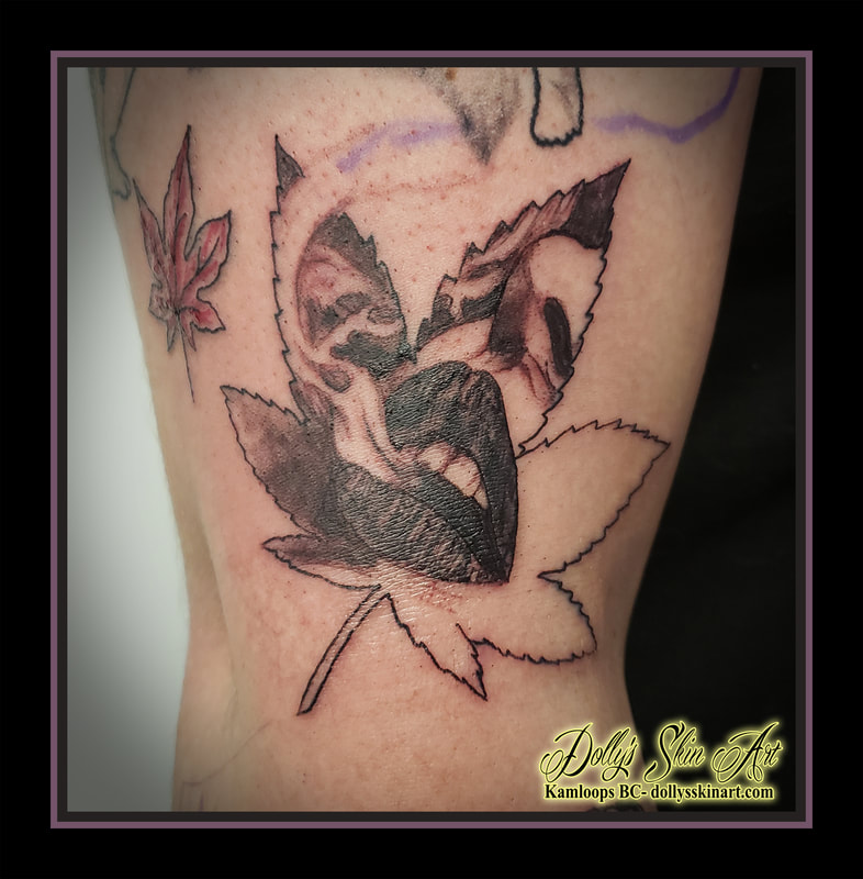 pot leaf tattoo womans mouth lips smoke exhale black and grey tattoo kamloops dolly's skin art