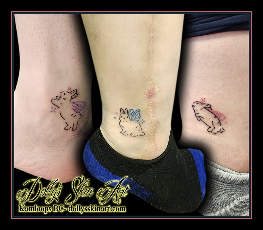 bunny tattoo rabbit wings matching ankle linework black purple blue pink tattoo kamloops dolly's skin art