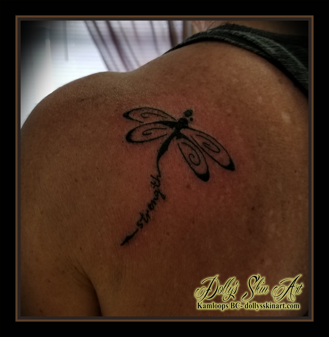 dragonfly tattoo tribal simple strength black shoulder blade lettering font script tattoo kamloops dolly's skin art