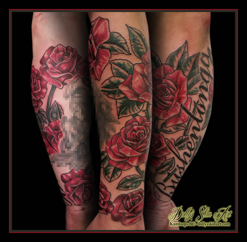 roses tattoo colour rosebush flowers red green lettering surname forearm tattoo kamloops dolly's skin art