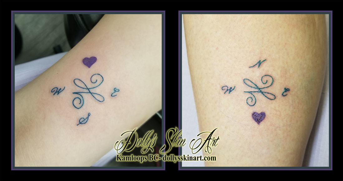mother daughter matching swahili linework compass heart n s e w blue purple small tattoo kamloops dolly's skin art
