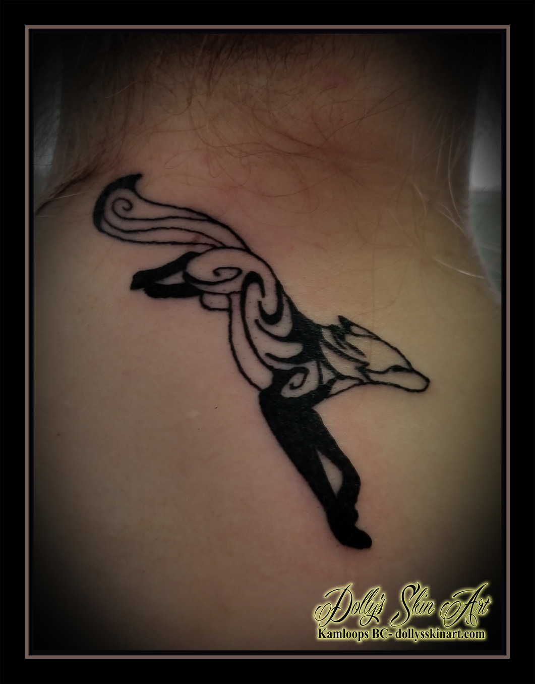 fox black line work tribal style back of neck small tattoo kamloops tattoo dolly's skin art