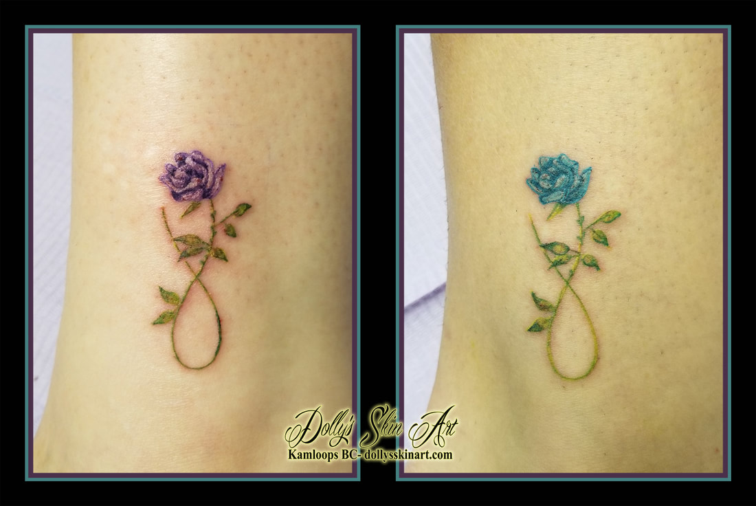 rose infinity small matching colour tiny flower stem leaves purple blue green ankle tattoo kamloops tattoo dolly's skin art
