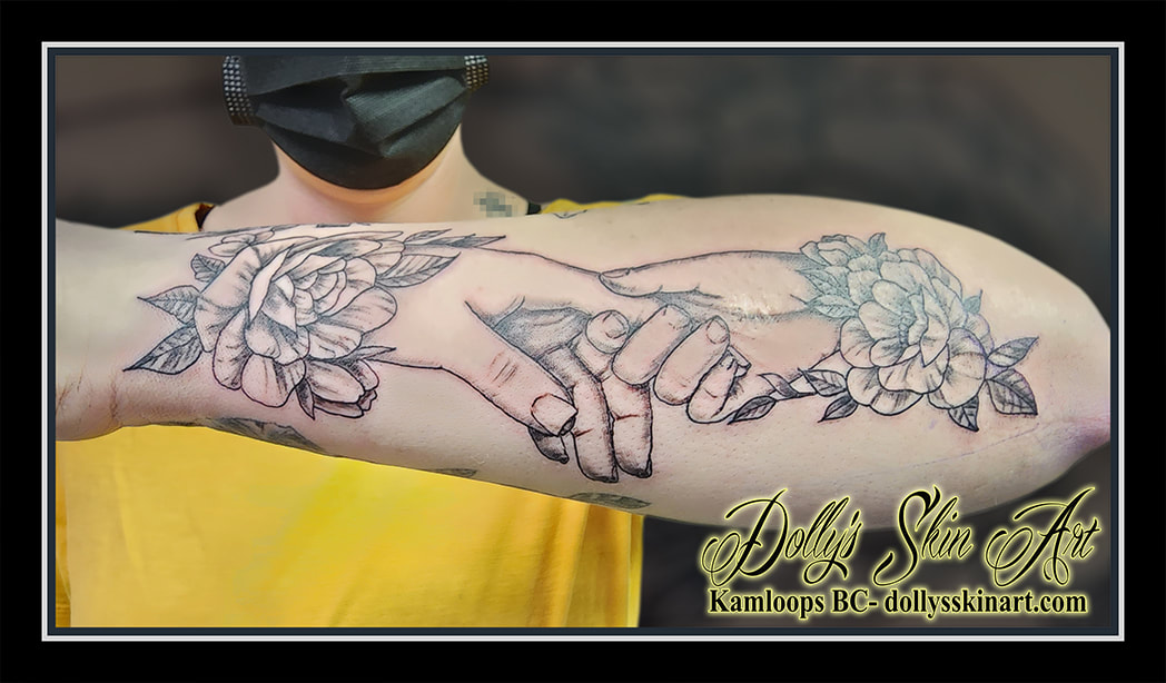 hands tattoo parent child black and grey flrowers forearm roses leaves tattoo kamloops dolly's skin art