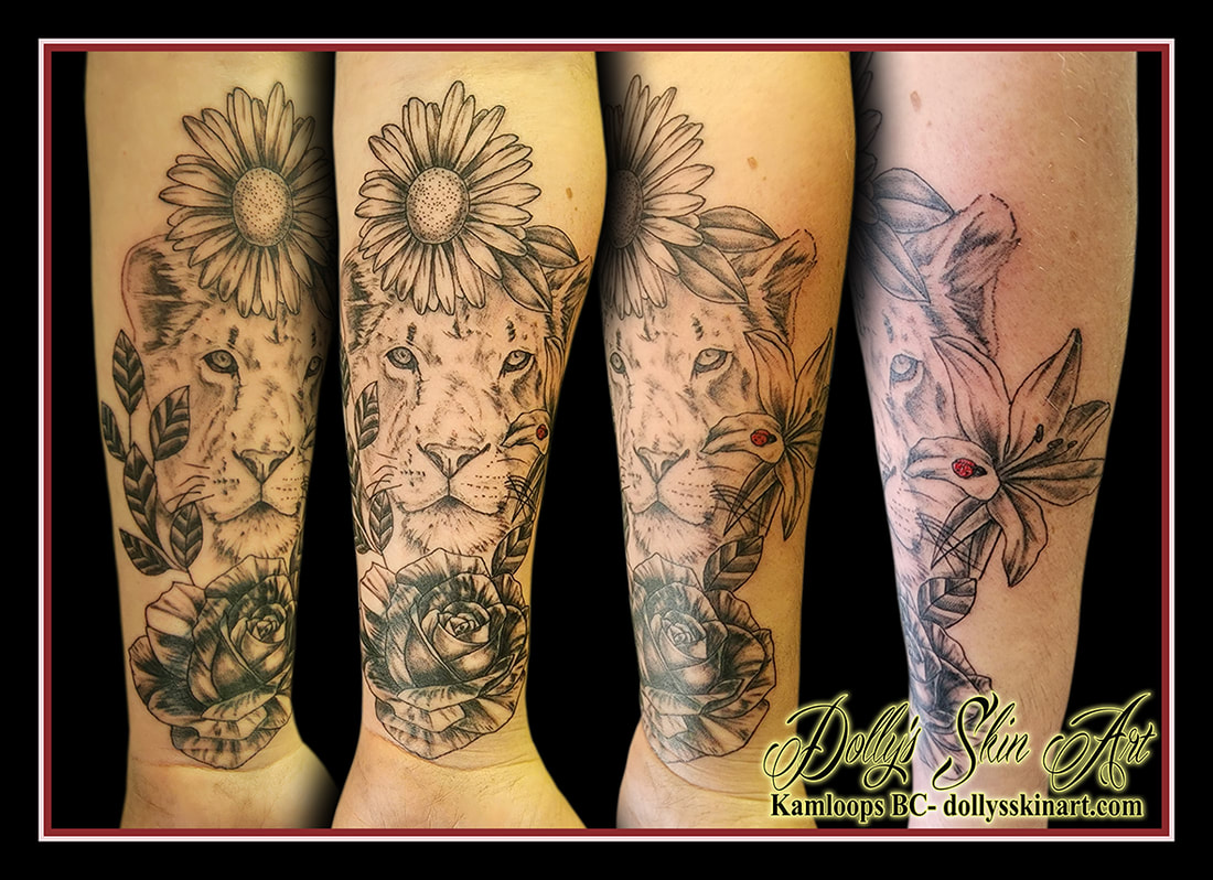 lion tattoo face flowers rose lily daisy leaves ladybug red black and grey shading linework tattoo dolly's skin art kamloops british columbia
