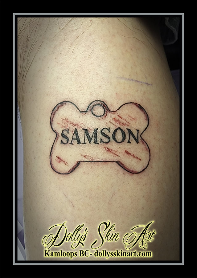 samson tattoo dog bone name tag black lettering tattoo dolly's skin art kamloops