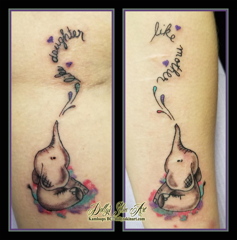 like monther like daughter tattoo elephant matching lettering script font colour small tattoo kamloops dolly's skin art