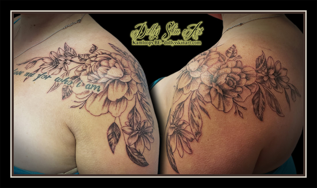 flowers tattoo black and grey shading shoulder floral shading leaves tattoo dolly's skin art kamloops