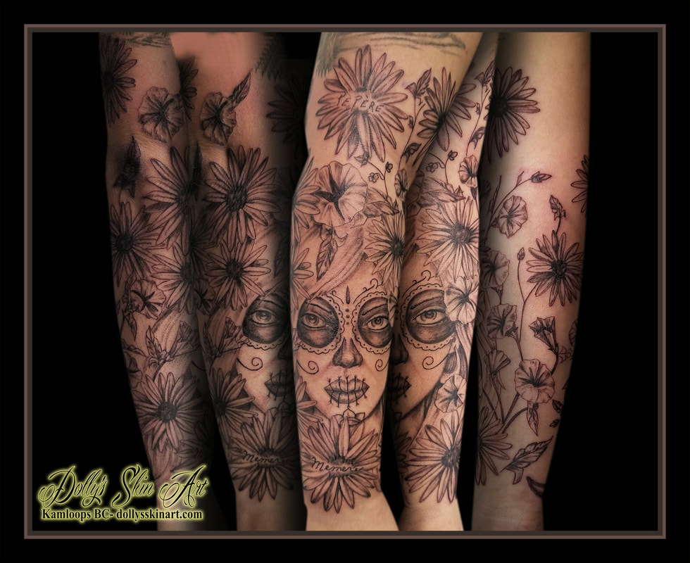 black and grey flower half sleeve shaded calavera catrina arm forearm tattoo kamloops tattoo dolly's skin art
