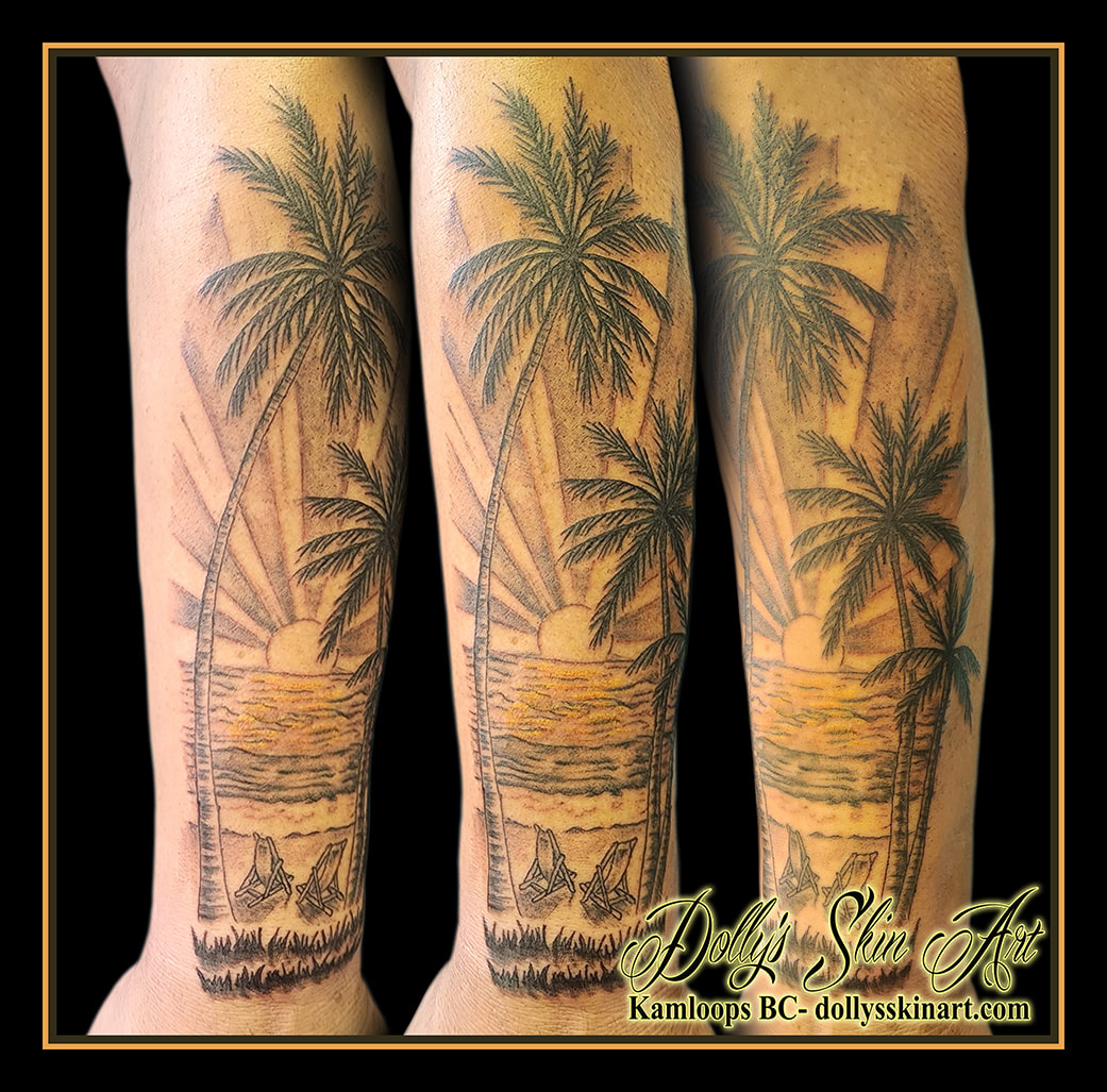 beach tattoo scene palm tree chair sand sun grass black and grey shading linework tattoo dolly's skin art kamloops british columbia