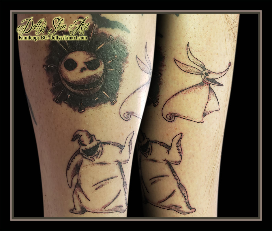 Oogie Boogie Zero the dog Jack Skellington tattoo cover up black and grey shading tattoo kamloops dolly's skin art