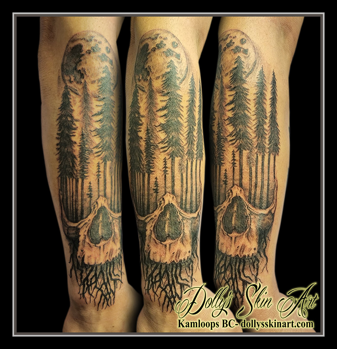 skull trees tattoo moon roots black and grey shading arm tattoo dolly's skin art kamloops