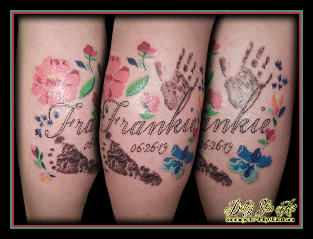 frankie tattoo footprint handprint flowers colour lettering font script tattoo dolly's skin art kamloops