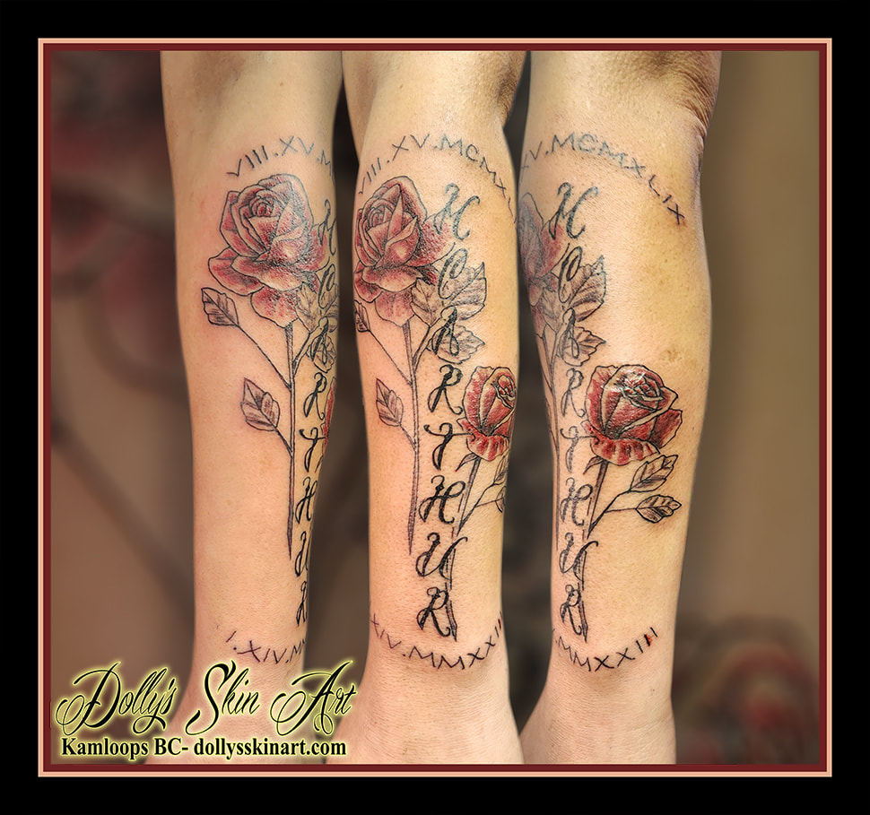 rose tattoo mcarthur red black grey shading lettering script forearm tattoo kamloops dolly's skin art
