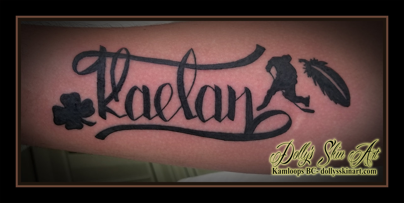justin kaelan tattoo black silhouette hockey player goalie four leaf clover feather forearm matching font lettering script tattoo kamloops dolly's skin art
