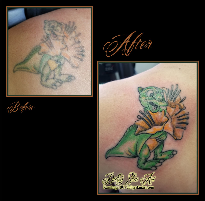 ducky from the land before time movie animated cartoon green yellow cover up rejuvenate back tattoo kamloops tattoo dolly's skin art