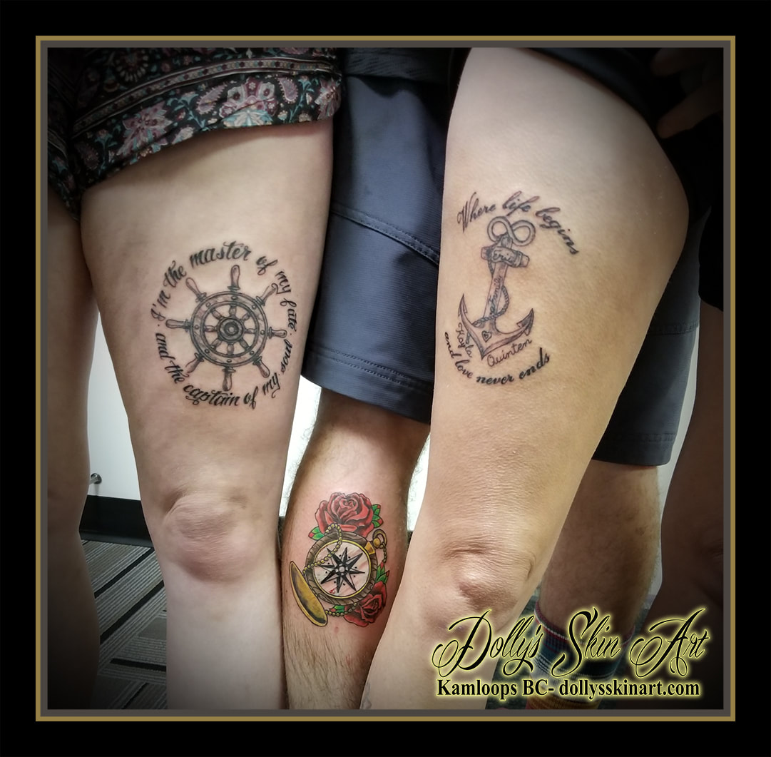 compass anchor ship wheel lettering font family black and grey colour roses thigh leg tattoo kamloops dolly's skin art i'm the master of my fate and the captain of my soul where life begins and love never ends children names