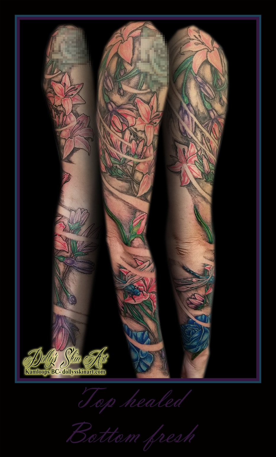 full sleeve tattoo flowers lilys dragonfly colour shading pink green blue purple black girl female women arm tattoo kamloops dolly's skin art