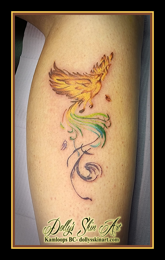 phoenix tattoo colour leg calf yellow red green blue white purple tattoo dolly's skin art kamloops