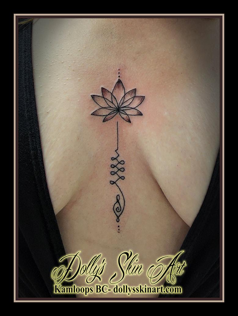 unalome tattoo breast bone black lotus linework tattoo dolly's skin art kamloops
