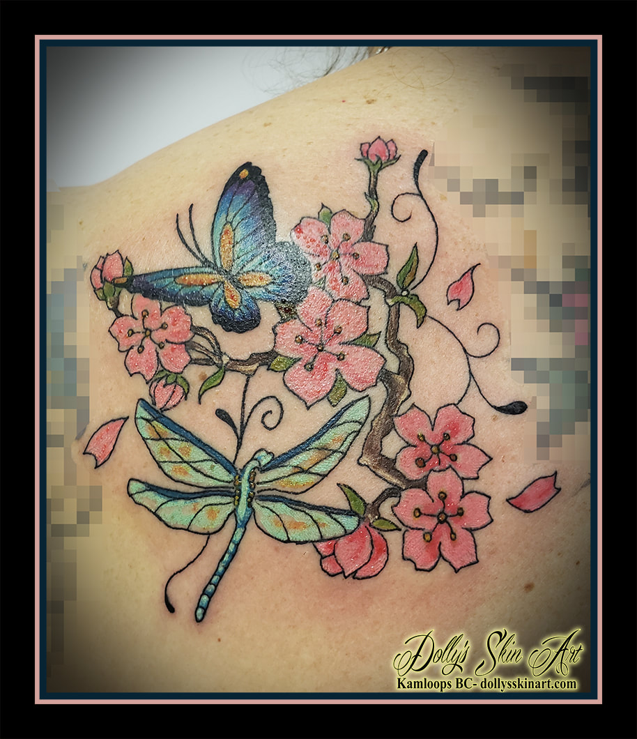 cherry blossom tattoo butterfly dragonfly colour pink green brown blue yellow teal purple tattoo kamloops dolly's skin art