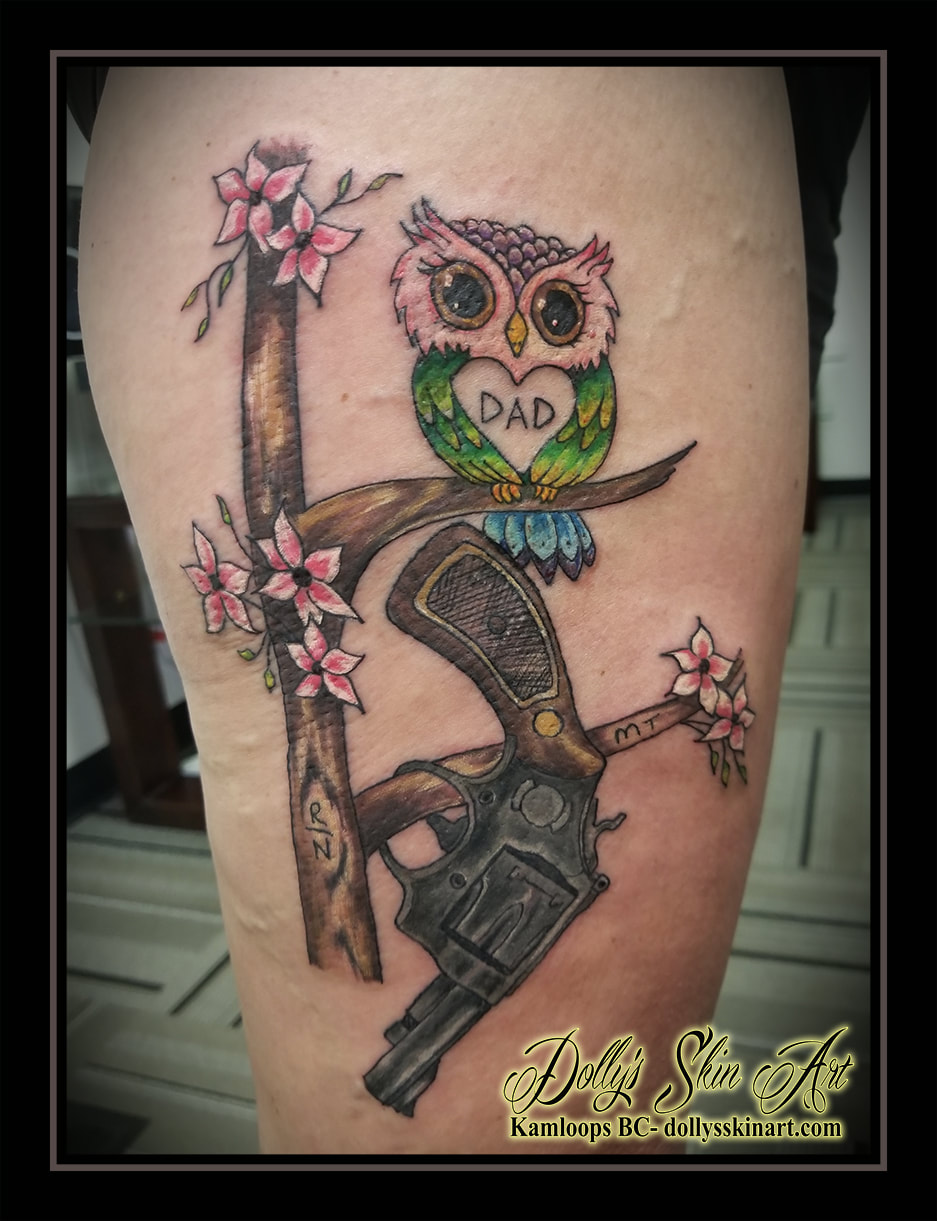 memorial tattoo revolver gun pistol brands owl dad tree cherry blossoms colour metal wood brown pink white green yellow white tattoo kamloops dolly's skin art