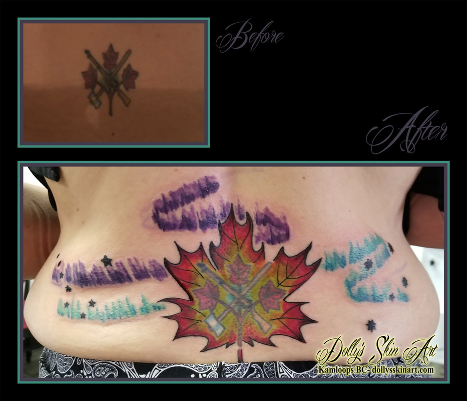 maple leaf tattoo aurora borealis colour red yellow blue purple lower back service addition stars tattoo kamloops dolly's skin art