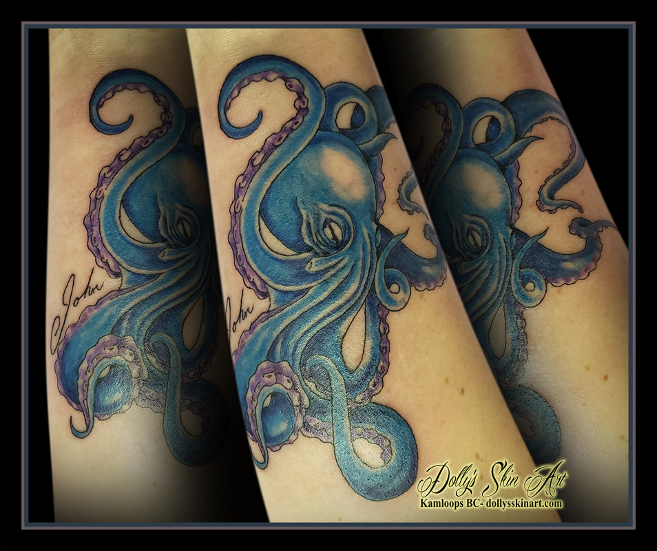 octopus tattoo blue purple colour shading Cephalopoda Mollusca Octopodiformes Octopoda tattoo kamloops dolly's skin art