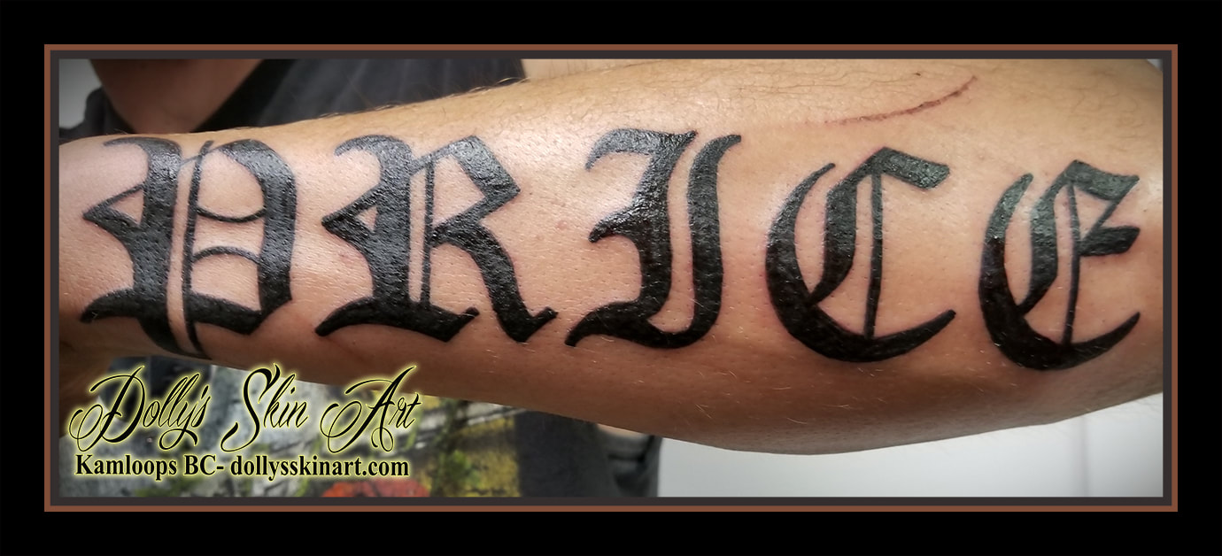 price last name font lettering old english forearm tattoo kamloops dolly's skin art