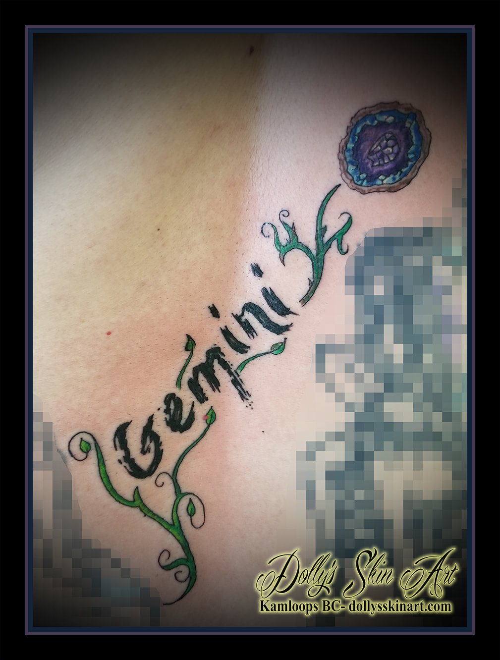 gemini brush stroke geode black lettering font green vine rock colour blue purple brown back tattoo kamloops dolly's skin art