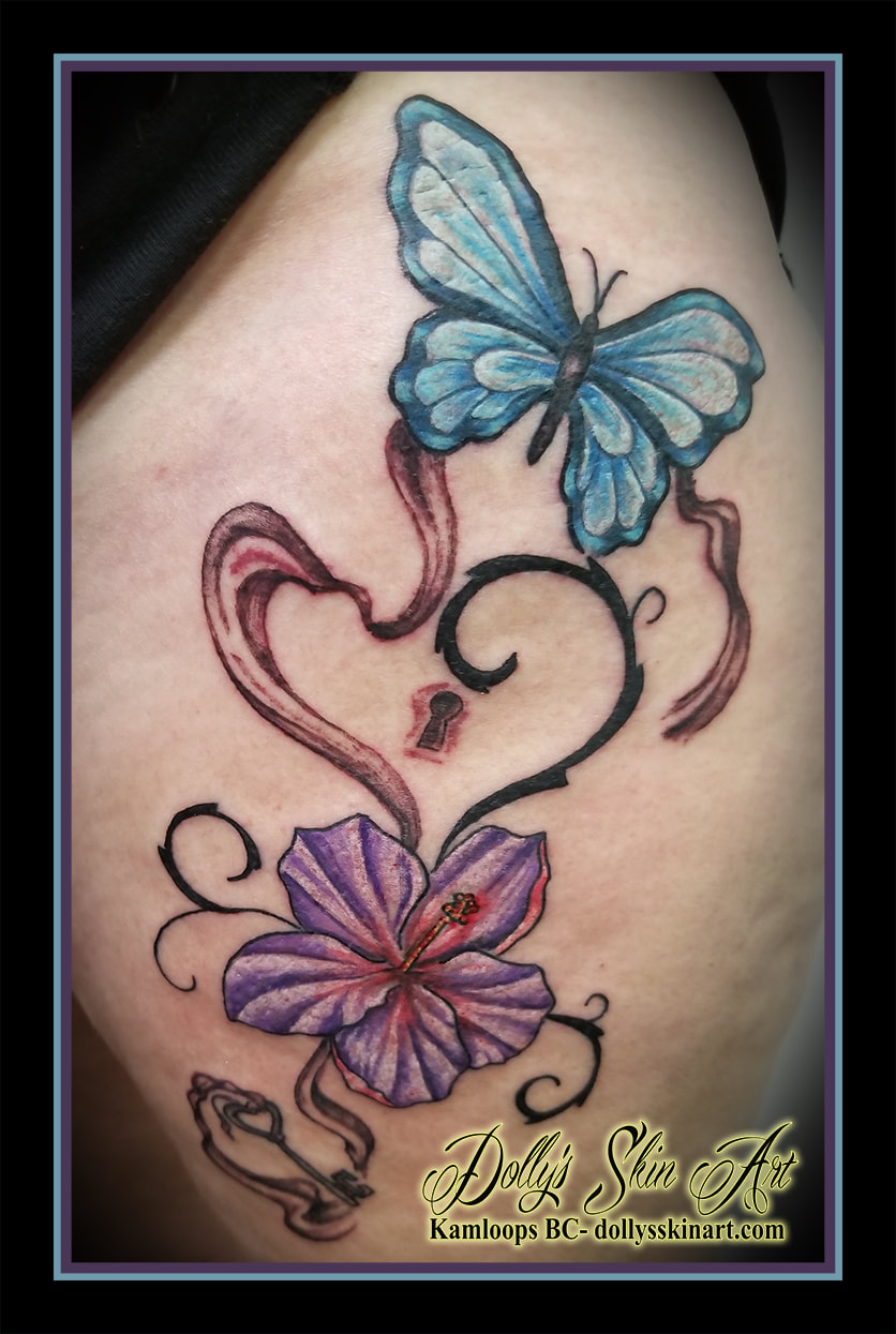 colour butterfly flower filigree lock key shading purple blue white red black thigh tattoo kamloops tattoo dolly's skin art