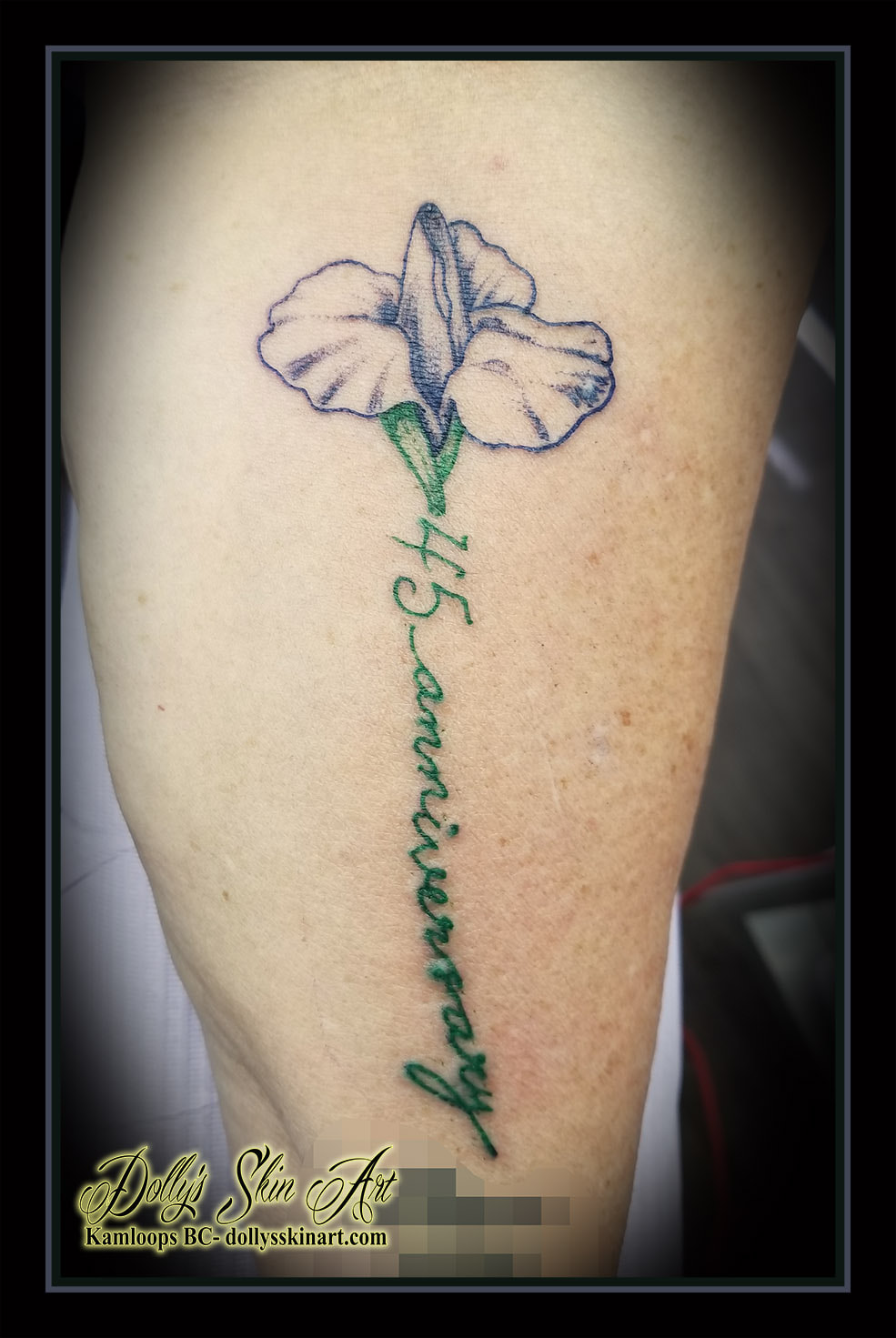 flower tattoo stem lettering blue green 45 anniversary shaded small light tattoo kamloops dolly's skin art