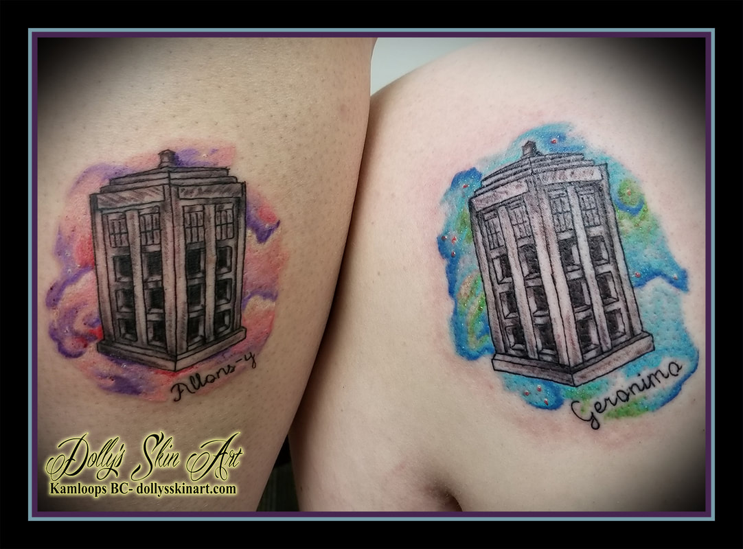 black and grey and colour water colour tardis doctor who dr who blue green pink purple matching mother daughter tattoo kamloops tattoo dolly's skin art