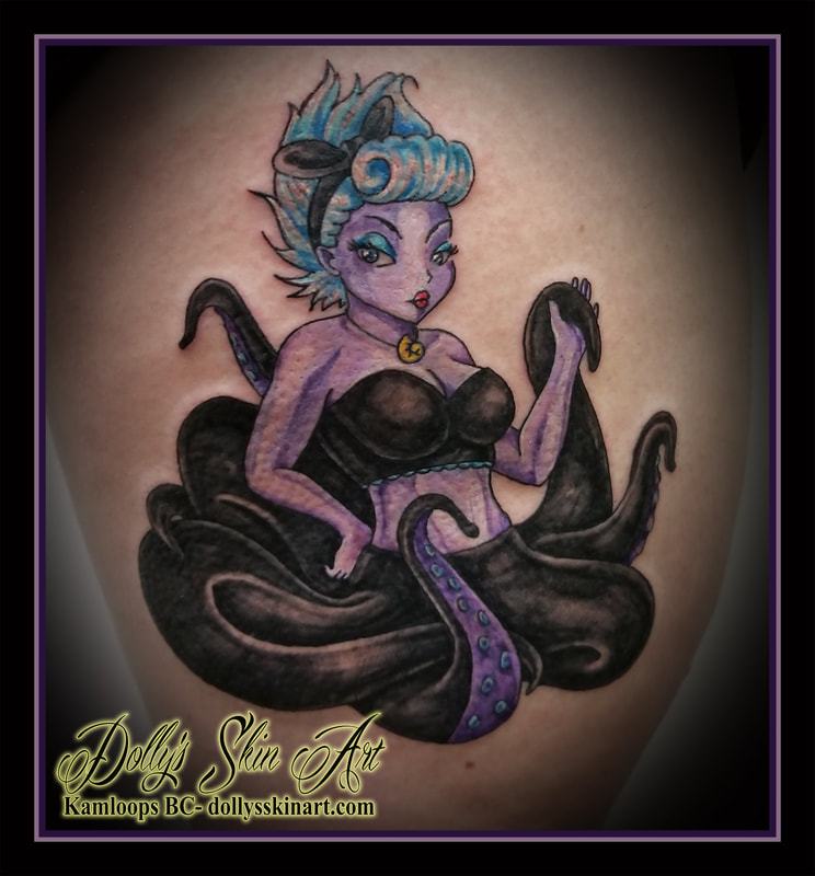 pinup ursula cartoon animated disney the Little Mermaid thigh girl purple black blue yellow red white tentacles tattoo kamloops dolly's skin art