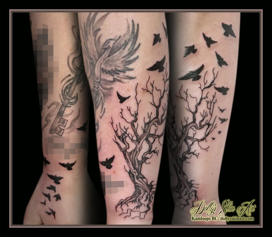 black shaded empty dead dying tree roots dark gothic black birds half sleeve addition tattoo kamloops dolly's skin art