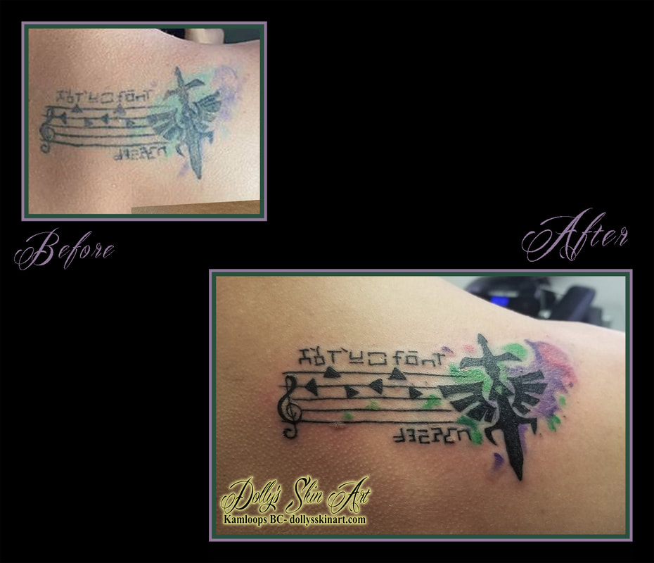 legend of zelda tattoo link hylian water colour green purple black red Zelda's Lullaby sword triforce tattoo kamloops dolly's skin art