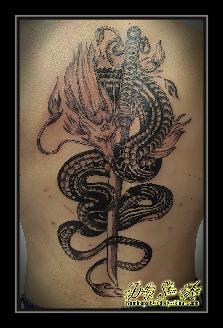 dragon tattoo katana sword black and grey shading japanese spine back tattoo dolly's skin art kamloops