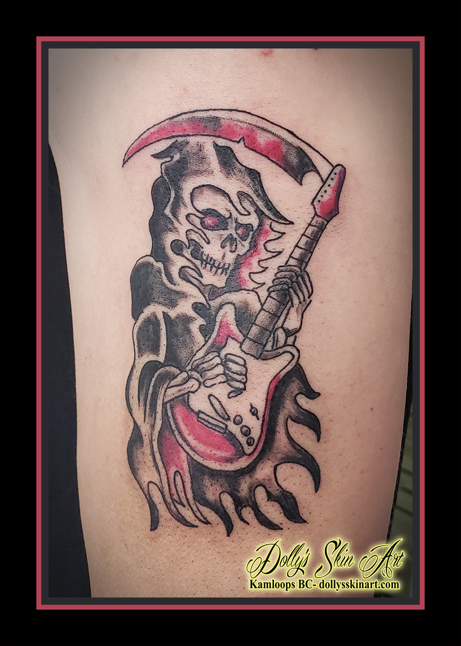 grim reaper tattoo traditional black and red guitar rock n roll shading tattoo kamloops dolly's skin art