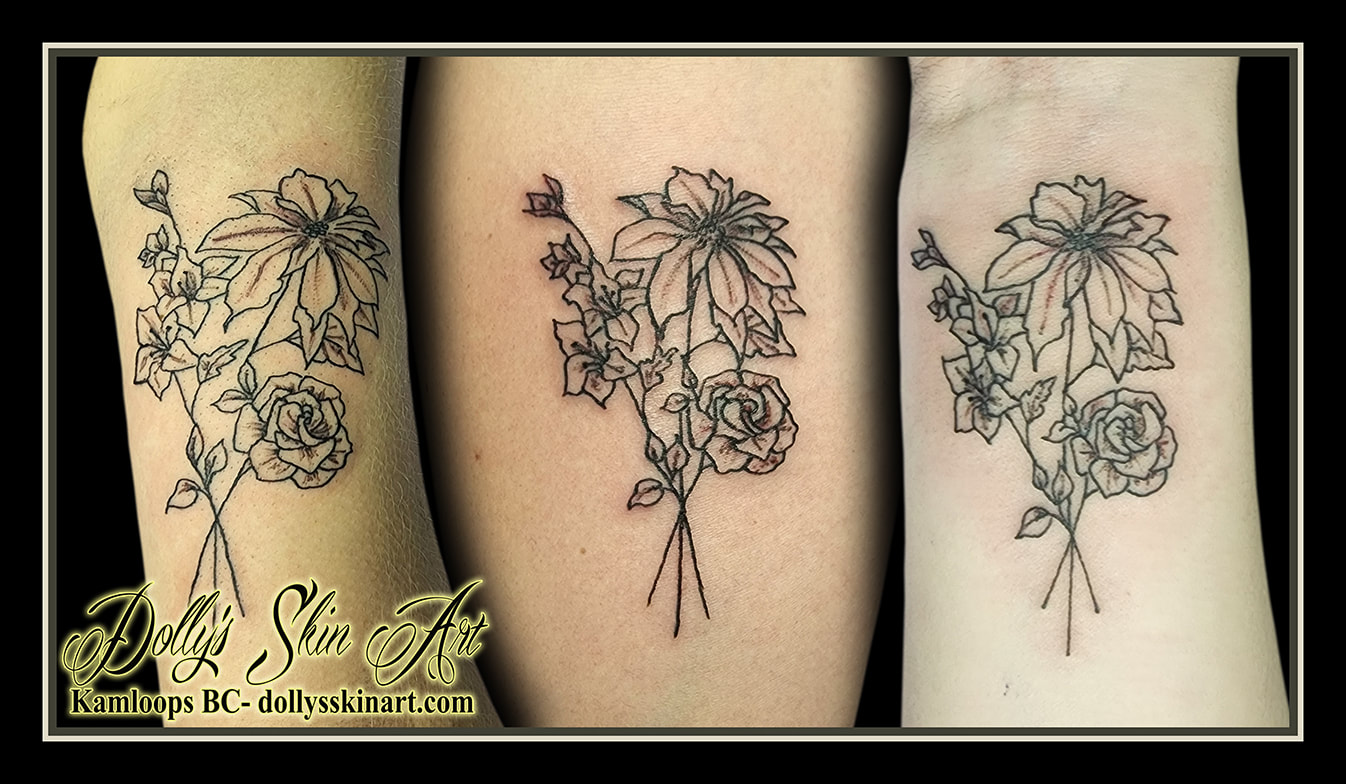flower tattoo floral arm black and grey shading matching bouquet tattoo dolly's skin art kamloops