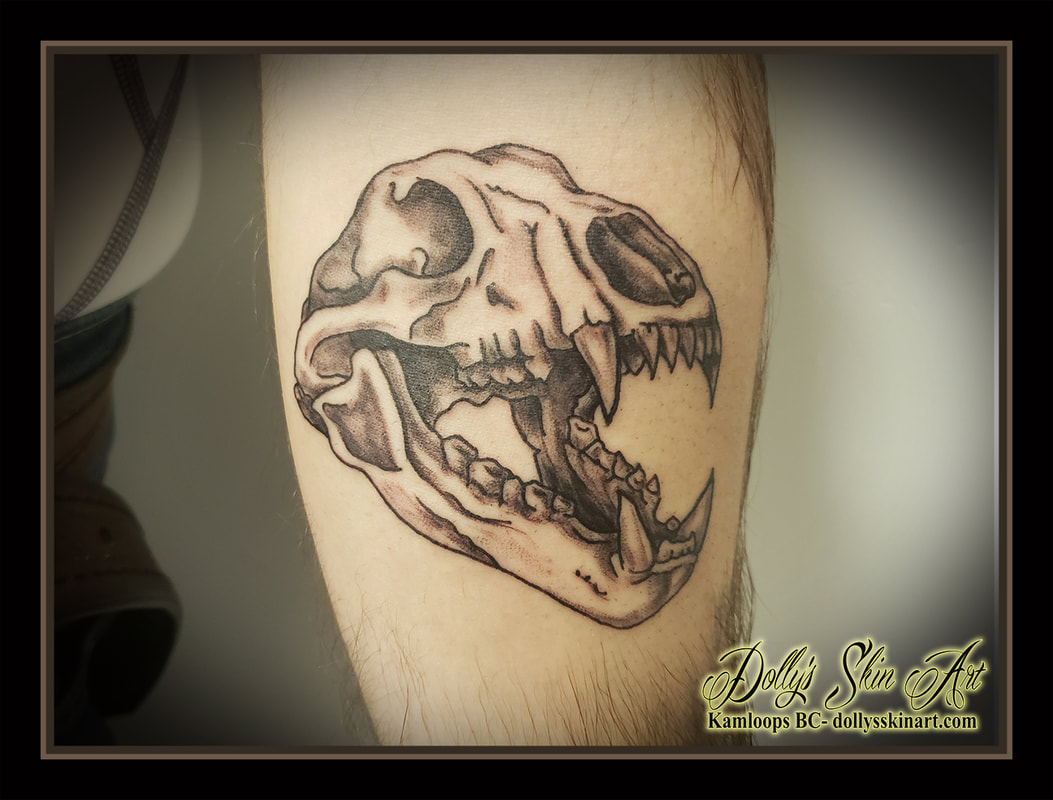 bear skull tattoo black and grey shading tattoo kamloops dolly's skin art