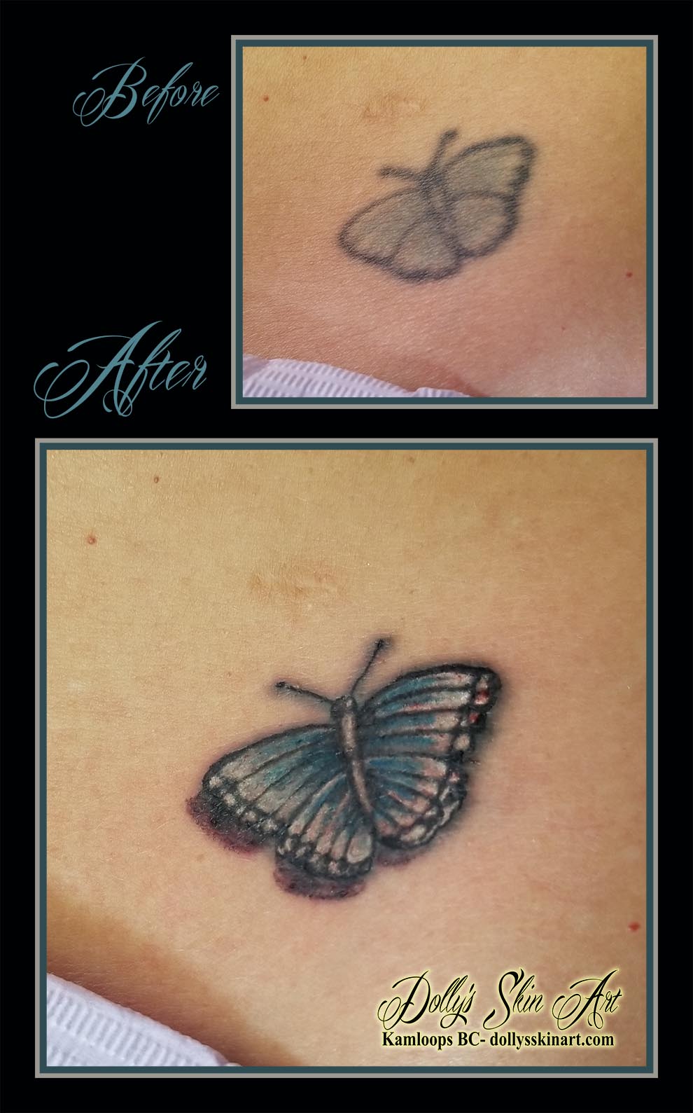 small color colour butterfly cover refresh rejuvenate blue white update tattoo kamloops dolly's skin art