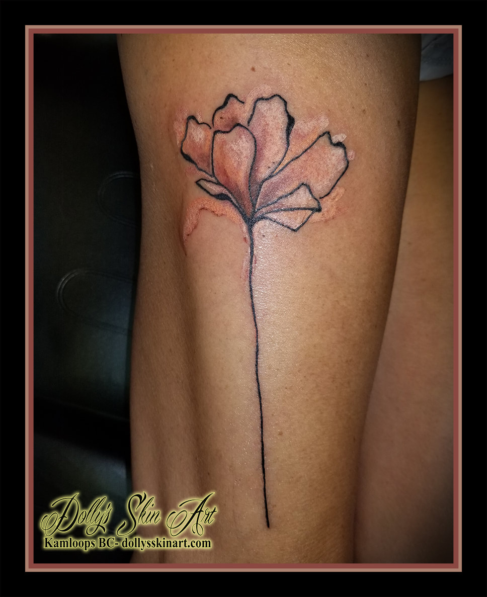 water colour flower tattoo black pink white peach arm watercolor tattoo kamloops dolly's skin art