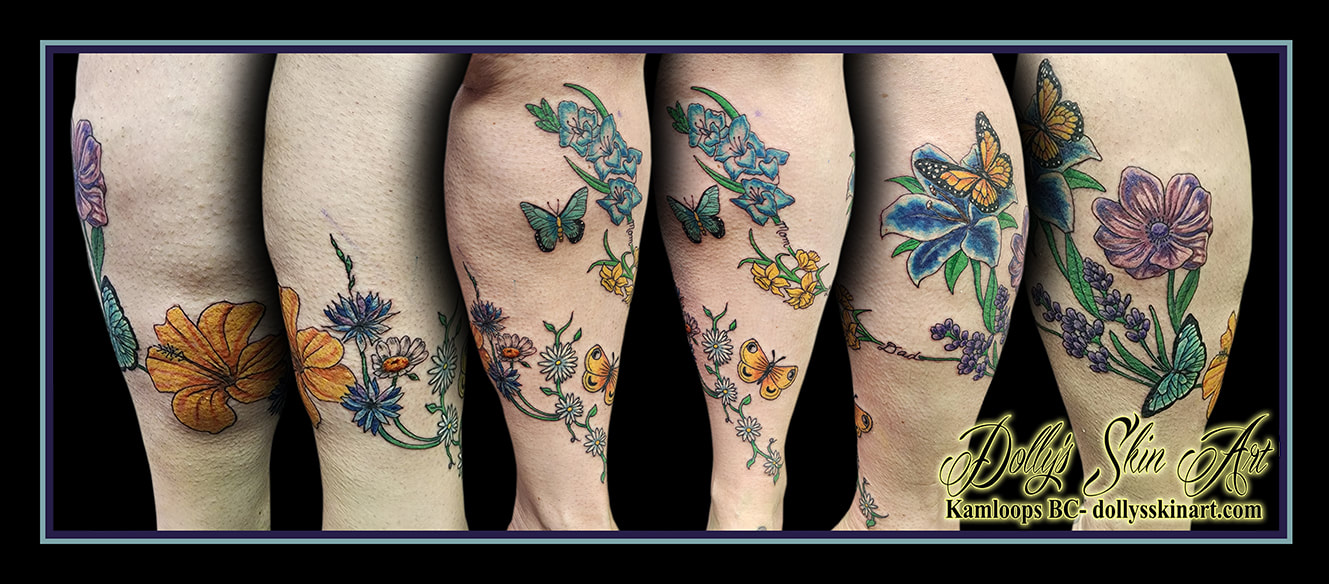 flower tattoo butterfly leg wrap colour floral leaves petals yellow orange blue green white teal purple pink calf leg tattoo kamloops dolly's skin art