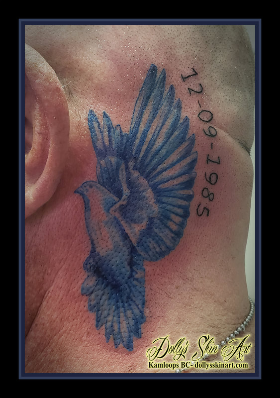 dove tattoo blue behind ear neck scalp dates numerals 12 09 1985 colour shading tattoo kamloops dolly's skin art