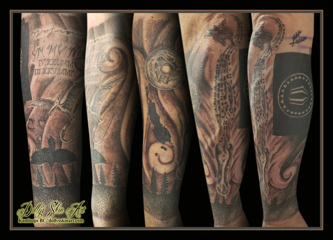 black and grey sleeve tattoo bird trees stipple coin flag alligator pterodactyl leaves fish hook lettering numerals hearts tattoo kamloops dolly's skin art