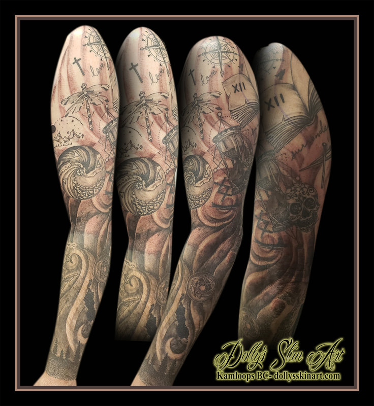 black and grey sleeve tattoo the world elements mountains dragonfly cross love compass nautical hourglass smoke book man fishing boat silhouette surrender XII sugar skull nails rune tattoo kamloops dolly's skin art