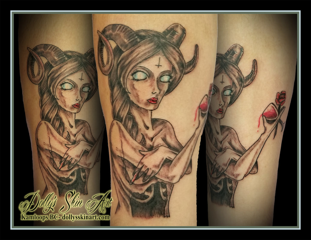 black and grey demon succubus lady shaded wine red rose forearm tattoo kamloops dolly's skin art